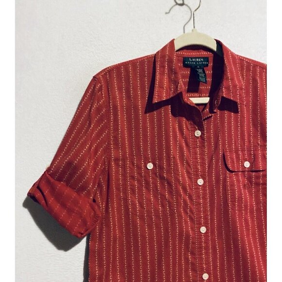 Ralph Lauren Top Womens Medium Red Cream Striped Button Up Long Sleeve Boho - Picture 4 of 8